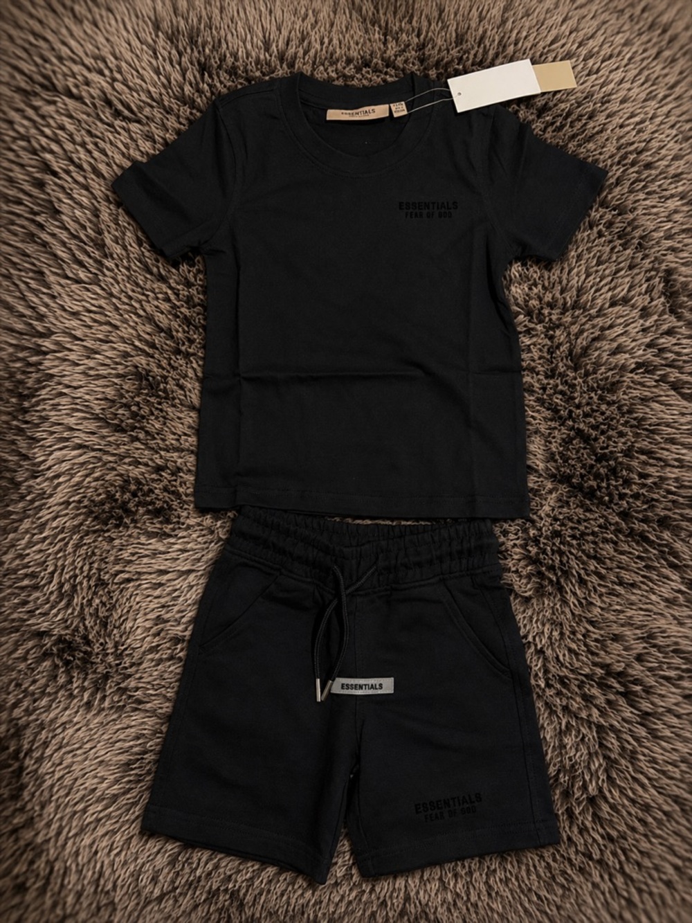 Kids Fear of God ESSENTIALS black Tee and Shorts Set
